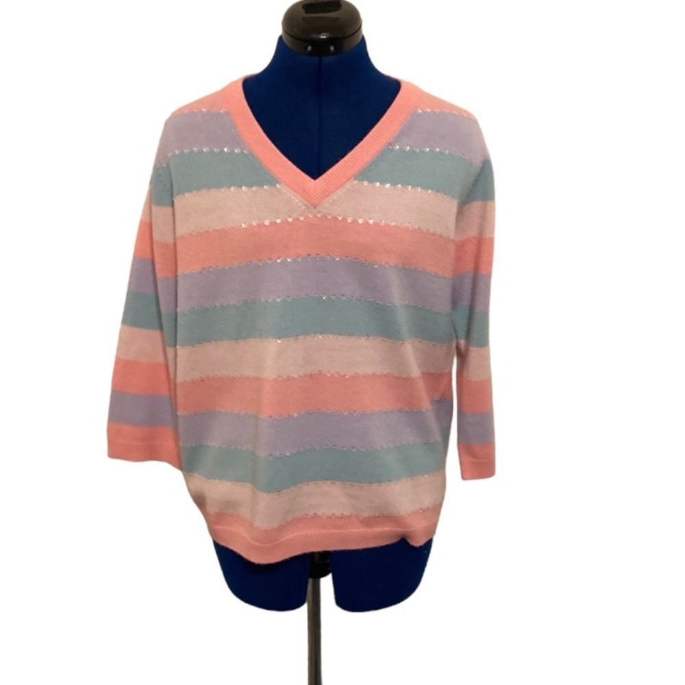 Vintage 80’s pastel pink, purple, green striped size medium v neck  sweaters